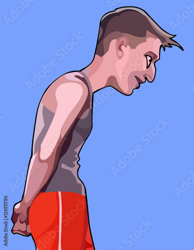Cartoon man in sports clothes ingratiating looking