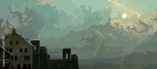 cartoon sky background with clouds and old abandoned houses