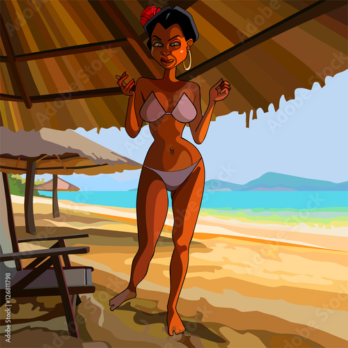 Cartoon woman in swimsuit on the beach