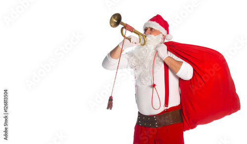 Santa Claus running to delivery christmas gifts on a white background
