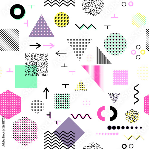 Trendy geometric elements memphis cards, seamless pattern. Retro style texture. Modern abstract design poster, cover, card design