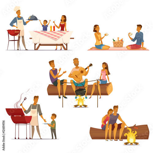 Barbecue Picnic Retro Cartoon Icons Set 