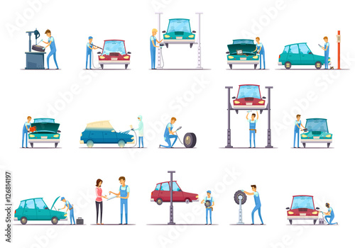 Car Repair Service Cartoon Icons Collection 