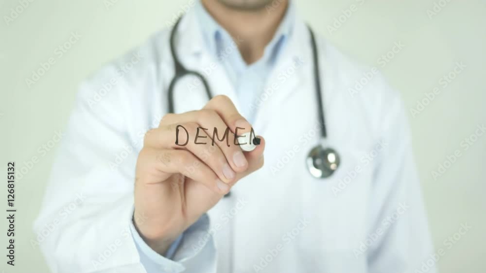 Dementia , Doctor Writing On Transparent Screen Dementia , Doctor Writing On Transparent Screen