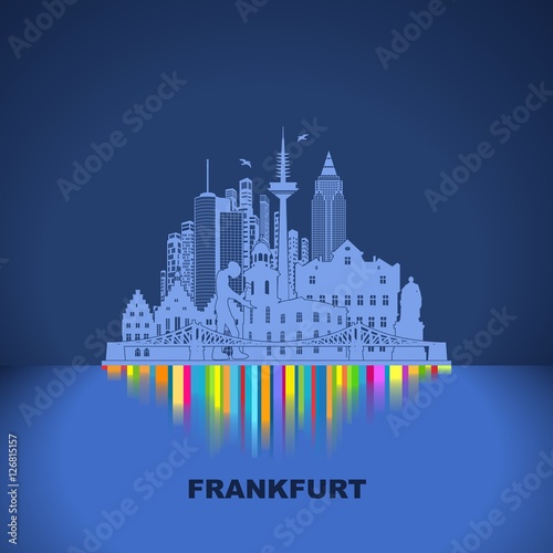 Frankfurt am Main City bei Nacht auf blauem Hintergrund mit bunter Wasserspiegelung - Vektor Grafik