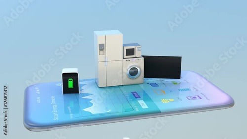 Smart appliances on a smart phone. Concept for home automation. 3D rendering animation.