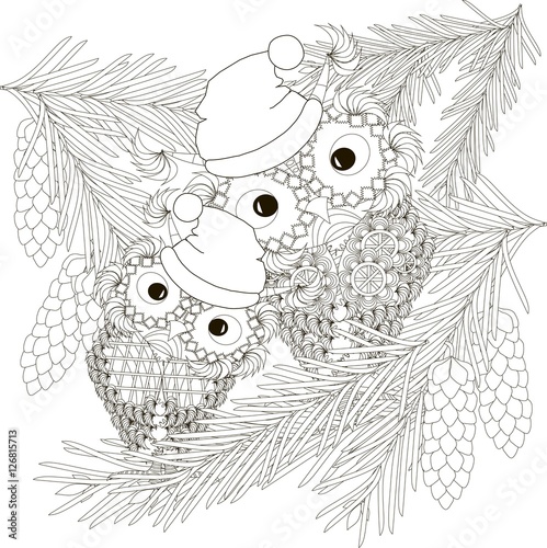 Two owls in hats sitting on fir branches with cones, anti stress black and white vector illustration 
