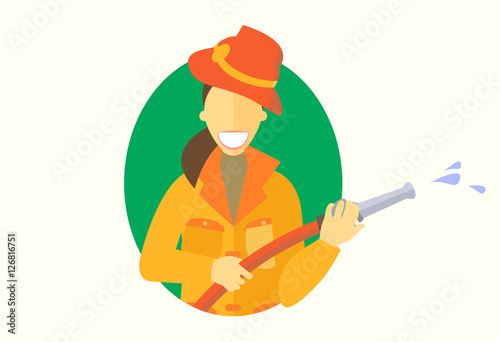 Woman holding firehose icon, vector flat design, girl do men's work concept