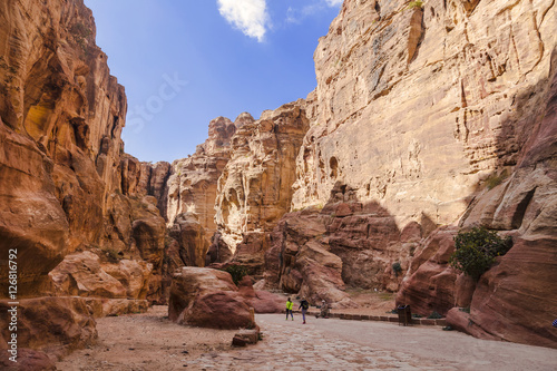 The road between the red cliffs to the ancient city of Petra  Jordan