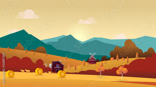 Countryside landscape with hay, field and village.