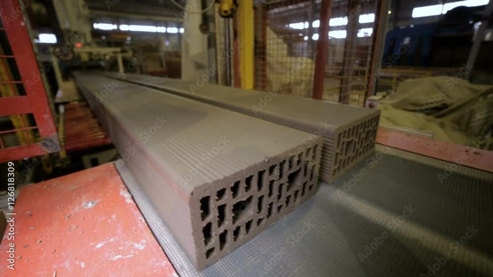 Building blocks, bricks production. Conveyor with building bricks at a