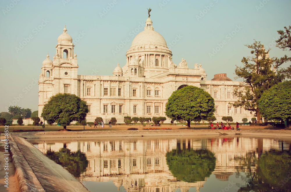 Reflections of great structure Victoria Memorial Hall in Kolkata