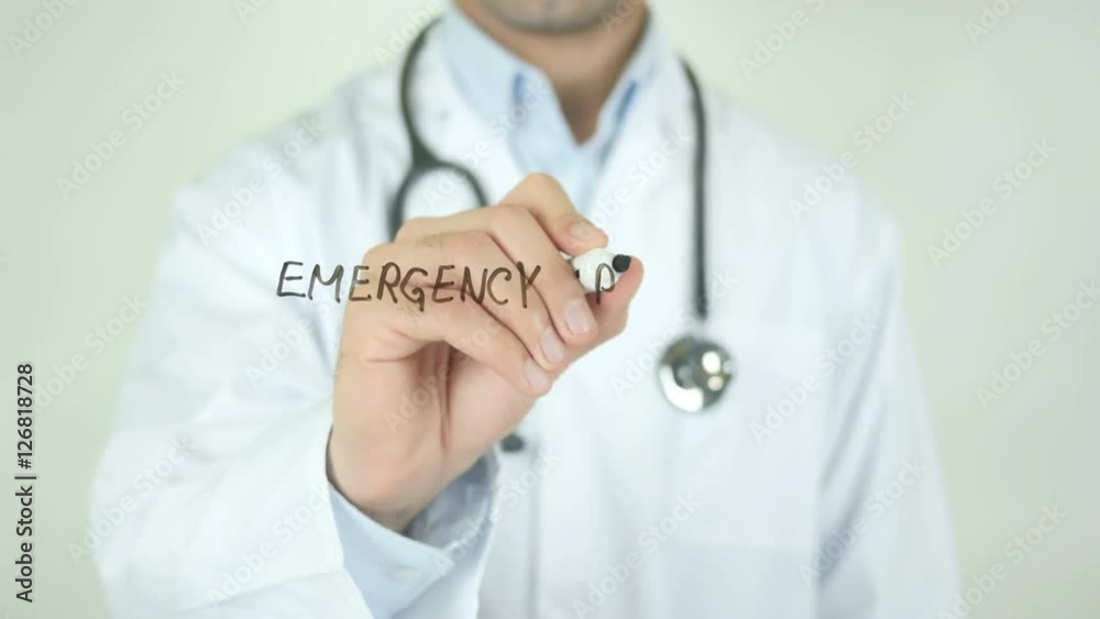 Emergency physician , Doctor Writing On Transparent Screen Emergency physician , Doctor Writing On Transparent Screen