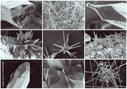 Nanotechnology collage. Crystal and whisker in microscope. Crystallization or solidification process view through the electron microscope with multiple increase in zoom in