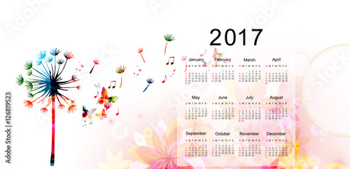 Calendar planner 2017 design template with colorful dandellion. Calendar poster, week starts Sunday. Calendar organizer. Calendar isolated, vector illustration background. Monthly calendar layout