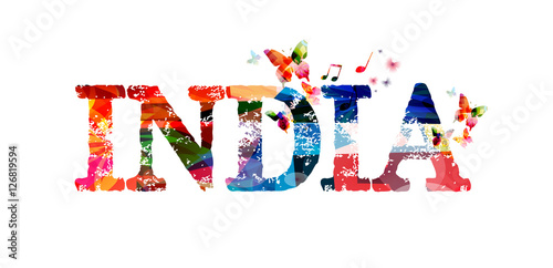 India typographic vector illustration background. India lettering vector. Colorful India inscription with butterflies. India text design isolated. India travel poster. Calligraphic vector design