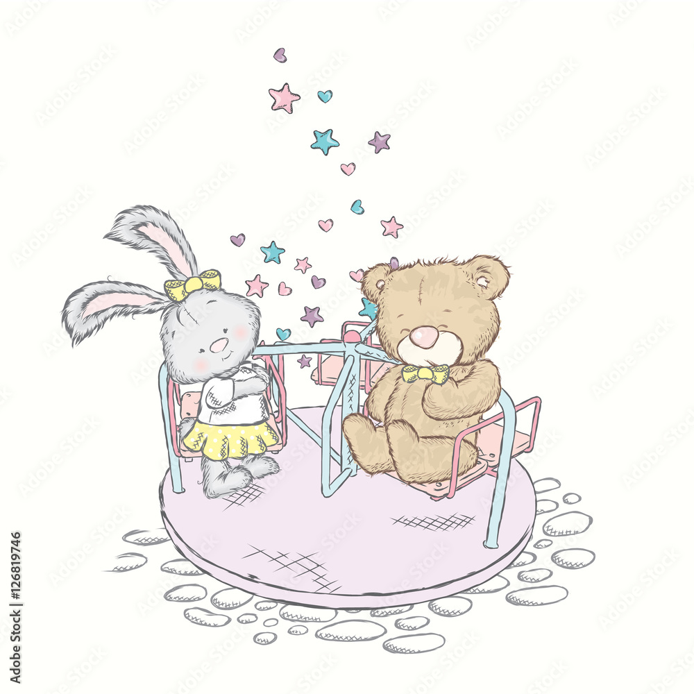 Bear and bunny ride on the carousel. Vector illustration for a card or poster. Bear and bunny ride on the carousel. Vector illustration for a card or poster.