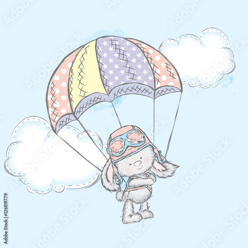 Cute hare flies on a parachute. Vector illustration for a card or poster. Print on clothes. Charming Bunny.