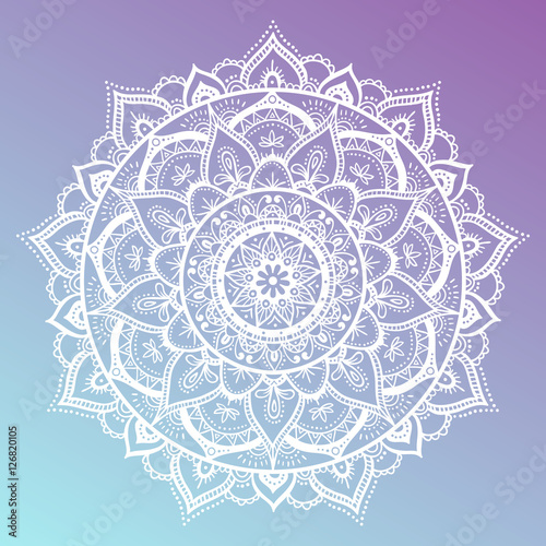 Round mandala on dreamy gradient background. Translucent mesh pattern in the form of a mandala. Mandala with floral patterns. Yoga template.