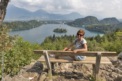 White woman and lake Bled view from above in Slovenia
