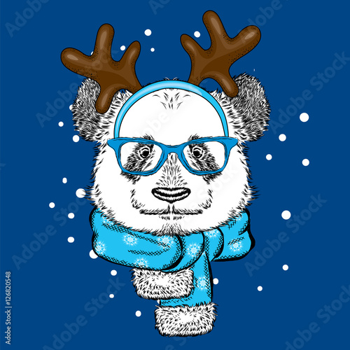 Fototapeta Naklejka Na Ścianę i Meble -  Funny panda wearing glasses and with horns. Bear in deer costume. Vector illustration for a card or poster, print on clothes. New Year's and Christmas.