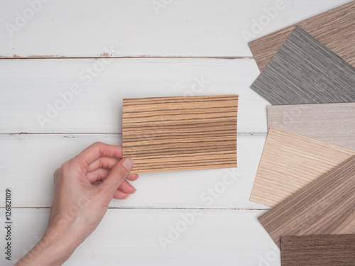 Fototapeta Naklejka Na Ścianę i Meble -  Samples of veneer wood on  white background. interior design select material for idea. 