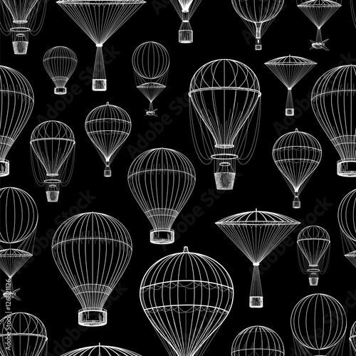 Black and white hot air balloon seamless pattern. Vector illustration