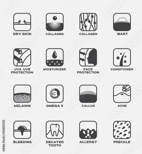 all skin icon vector . collagen , uv ,hair conditioner , moisturizer , wart , omega 3 , melanin , omega 3 , callus , acne , freckle , allergy , decayed tooth , bleeding , face protection , dry skin