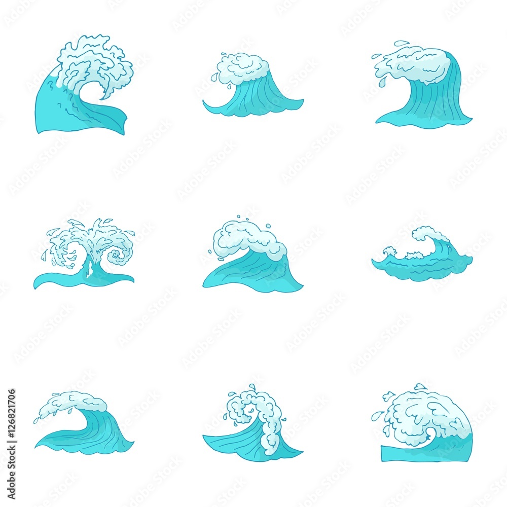 Sea waves icons set. Cartoon illustration of 9 sea waves vector icons for web
