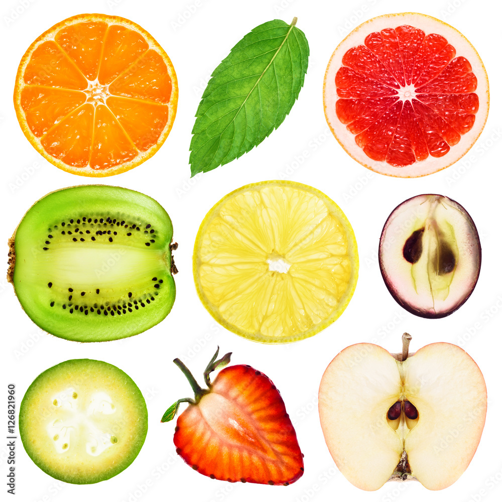 Collection of fresh fruit slices on white background. Tangerines, mint, grapefruit, kiwi, lemon, grape, pineapple guava, strawberry, apple. Collection of fresh fruit slices on white background. Tangerines, mint, grapefruit, kiwi, lemon, grape, pineapple guava, strawberry, apple.
