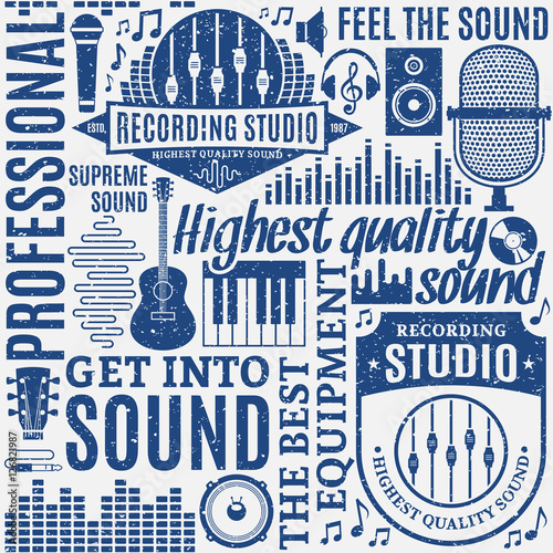 Retro styled typographic vector recording studio seamless pattern