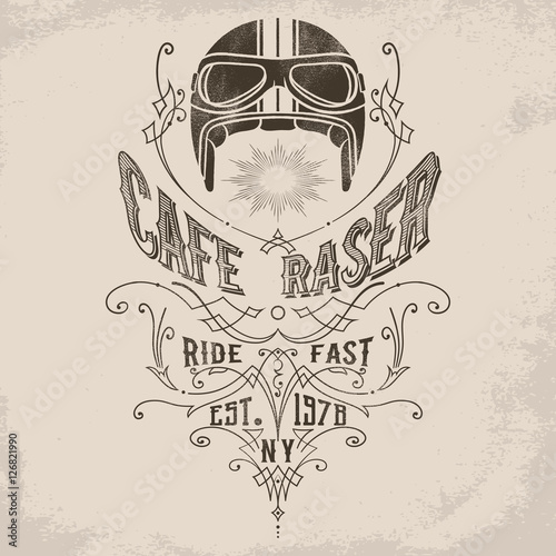Vintage motorcycle helmet illustration with victorian flourish decoration element. Design element for t-shirt print, poster, emblem, badge, sign.