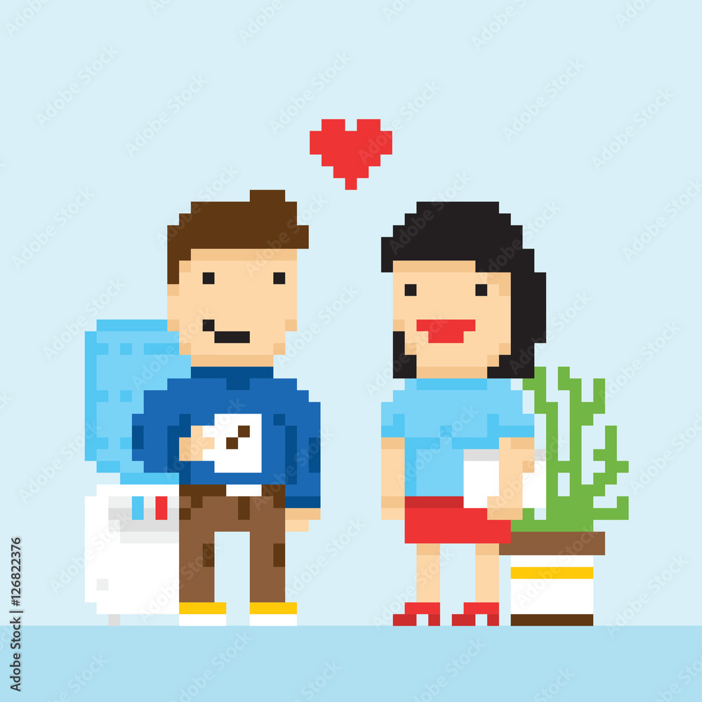 Pixel art game style office colleagues in love vector Pixel art game style office colleagues in love vector