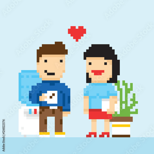 Pixel art game style office colleagues in love vector