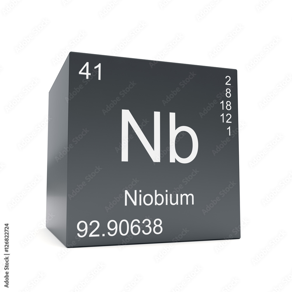 Niobium chemical element symbol from the periodic table displayed on black cube Niobium chemical element symbol from the periodic table displayed on black cube