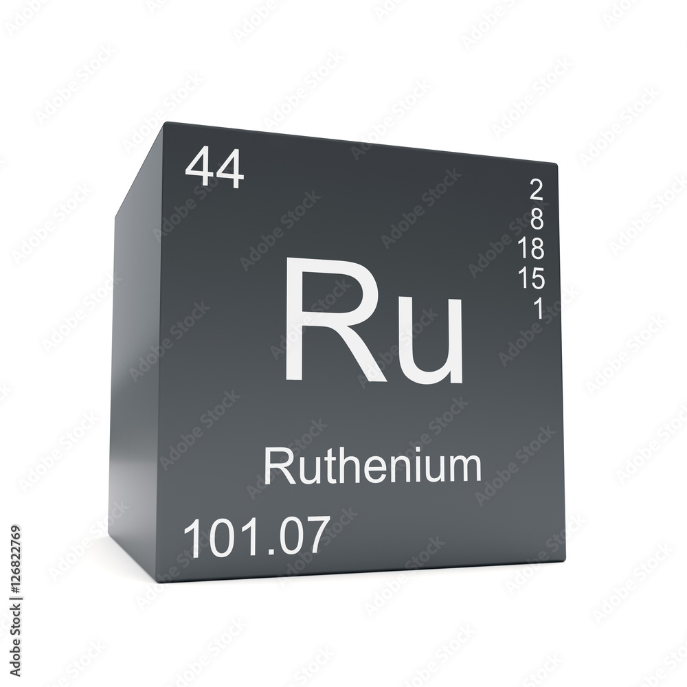 Ruthenium chemical element symbol from the periodic table displayed on black cube Ruthenium chemical element symbol from the periodic table displayed on black cube