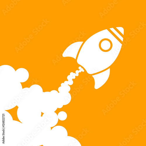 white rocket icon with clouds on an orange background - vector i