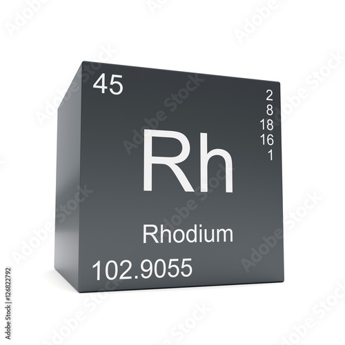 Rhodium chemical element symbol from the periodic table displayed on black cube