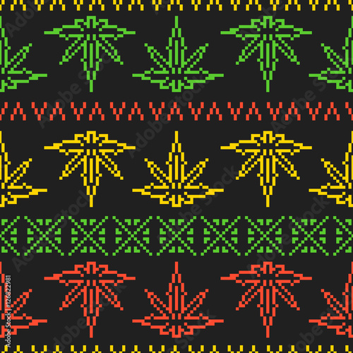 Pixel art game style rasta weed leaf seamless vector background