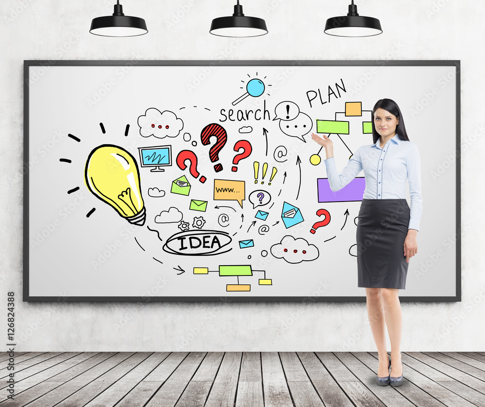 Black haired woman is demonstrating business idea icons Black haired woman is demonstrating business idea icons