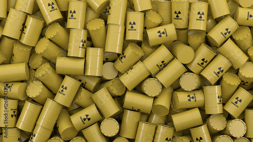 3d rendering of toxic waste barrels forming a wall