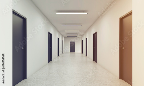 Long corridor with closed black doors  toned