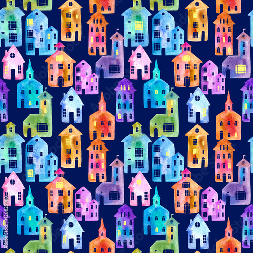 Seamless pattern with night city.Colorful house. Watercolor hand drawn illustration.Dark blue background.