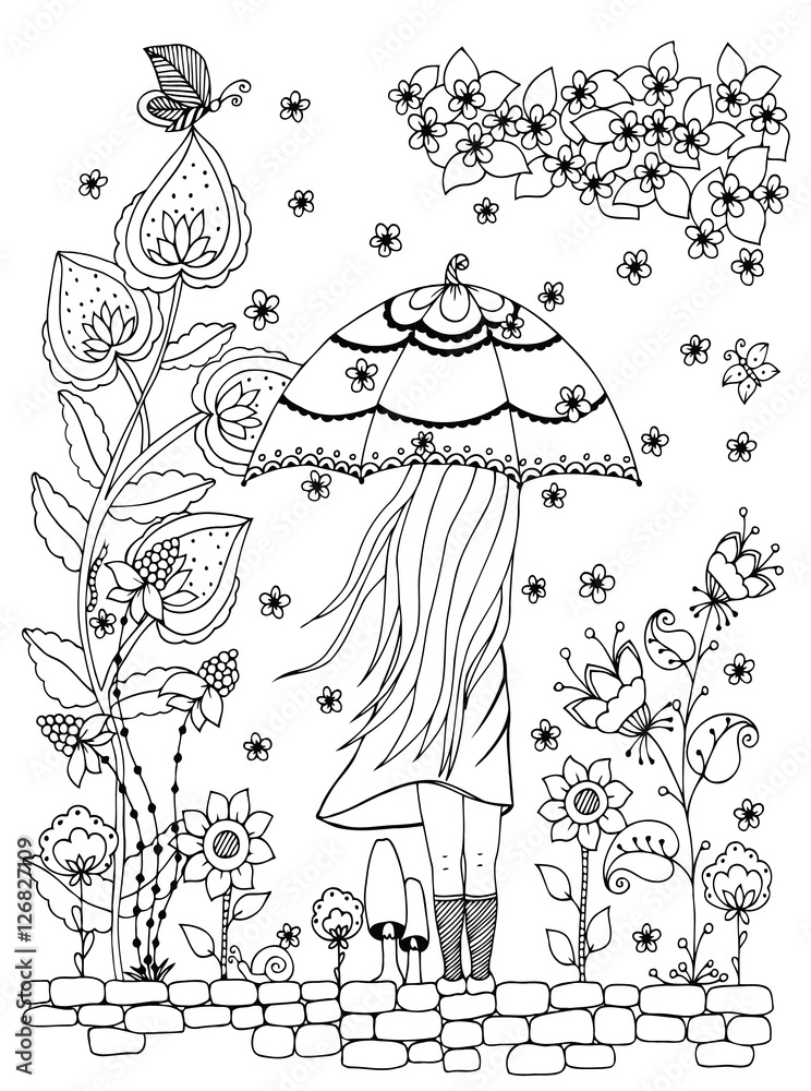 Vector illustration Zen Tangle, a girl with an umbrella in the park. Doodle  drawing. Coloring book anti stress for adults. Black and white. Stock  Vector | Adobe Stock