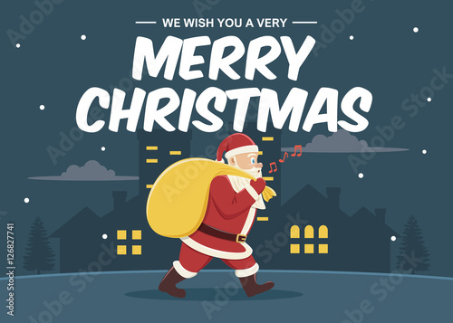Christmas greeting card background with santa claus carrying his bag of gifs