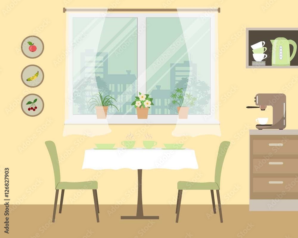 Kitchen vector illustration. There is a table, two green chairs, shelves, a window with flowers and other objects in the image. There are also pictures with fruits on the wall
