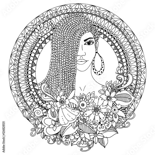 Vector illustration zentangl, woman with braids African in the floral round frame. Doodle. Coloring book anti stress for adults. Black and white.