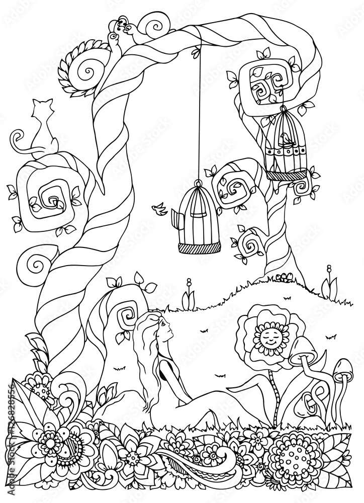 Vector illustration zentangl girl sitting near a tree. Flower frame. Doodle drawing. Meditative exercises. Coloring book anti stress for adults. Black and white.