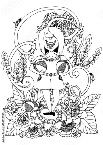 Vector illustration zentangl, woman athlete holds watermelon floral frame. Doodle drawing. Meditative exercises. Coloring book anti stress for adults. Black and white.