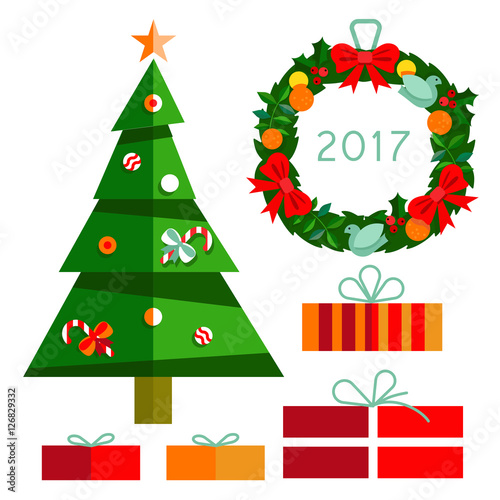 Christmas tree with gifts 2017 on  background.